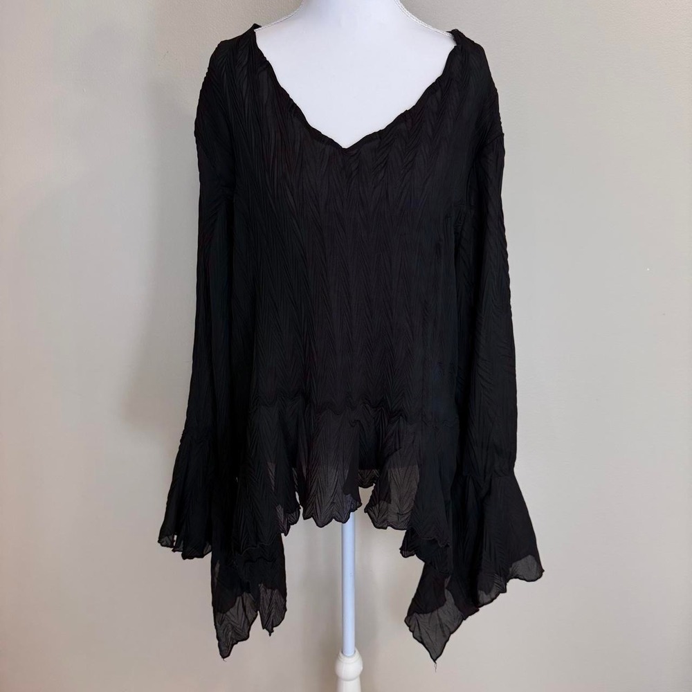 RAG Black Sheer Blouse Ruffle Hem Bell Sleeves Womens L Witchy Whimsigoth Vampy